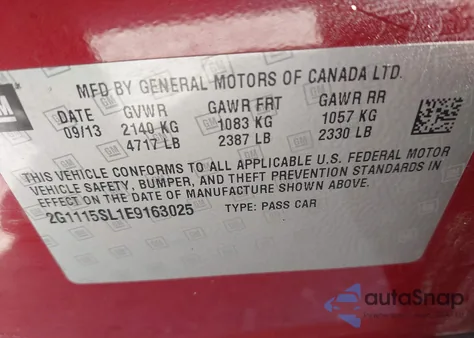 2014 Chevrolet Impala 1Lt из США, поврежденный, VIN 2G1115SL1E9163025